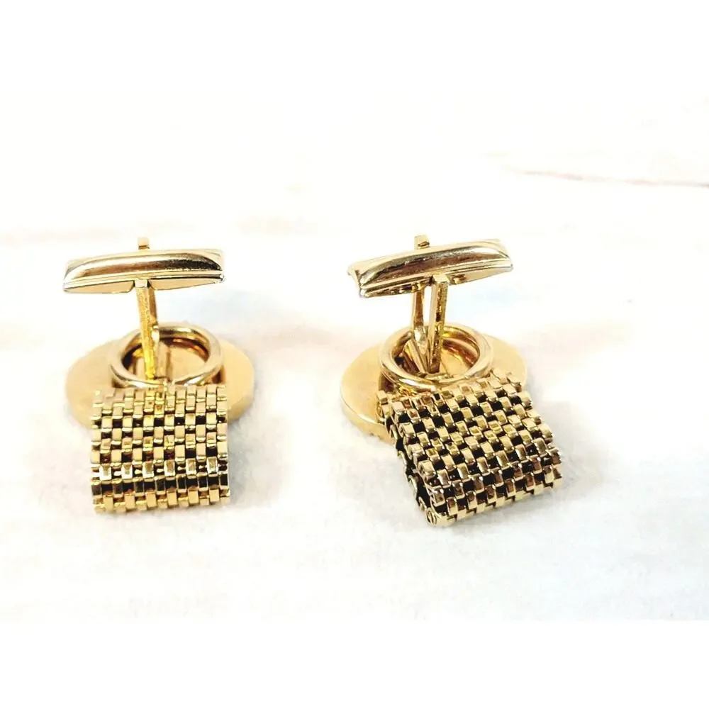 Vintage Gold Tone Round Etched CuffLinks & Classic Tie Tack Chain Clip